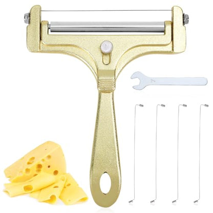 Gosknor 6pcs Cheese Slicer Kit, Stainless Steel Wire Cheese Cutter with 4 Extra Wires & Wrench Slicer Handheld Butter Cutter Food for Block Butter (Frosted Gold) - color: Frosted Gold