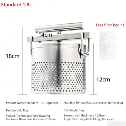 1.8L Manual Honey Press Extractor, Fruit Wine Press, Stainless Fruit Wine Press, Detachable Design, with Filter Bag, for Beeswax, Honey, Fruit & Vegetables
