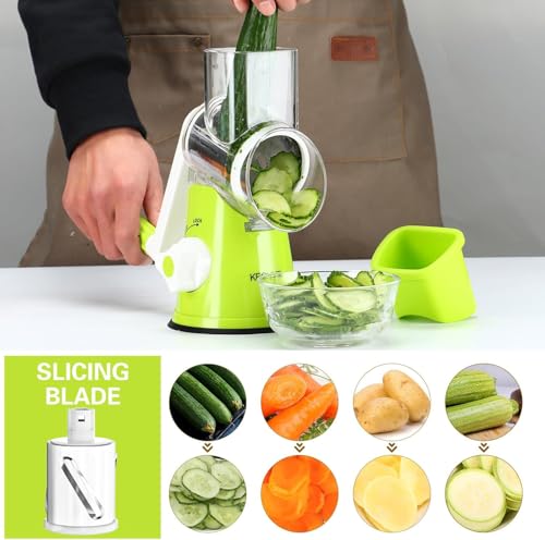 Cambom Rotary Cheese Grater Hand Crank Cheese Shredder for Fresh Cheese, Vegetable, Nuts,Non-slip Suction Base，Three Blades,Green - color: Green, size: 3 BLADES