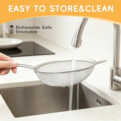 3-Piece Stainless Steel Mesh Strainer Set Small/Med/Large Fine Mesh Kitchen Sifters w/Handles – Silver, for Sifting/Straining/Cooking