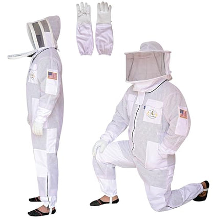 3 Layer Bee Suit with Fencing Veil and Round Veil One Pair Gloves Sting Proof Ventilated Beekeeping Suit, 2 Veils - color: White, size: 3X-Large