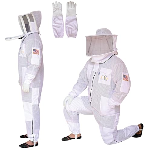 3 Layer Bee Suit with Fencing Veil and Round Veil One Pair Gloves Sting Proof Ventilated Beekeeping Suit, 2 Veils - color: White, size: X-Large