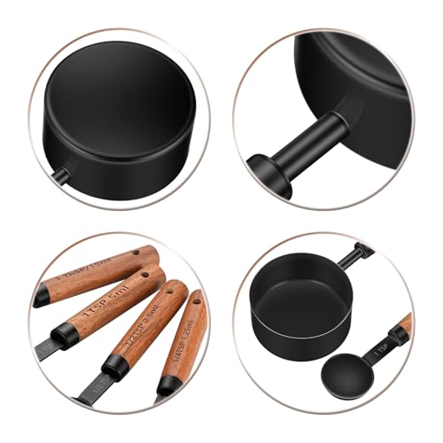 Wooden Handle Measuring Cups & Spoons Set 8-Piece – Stainless Steel, Stackable, Rustic Farmhouse Kitchen Gadgets, Non-Toxic, Dishwasher Safe, Gift for Bakers & New Homeowners - size: Black-wood handle