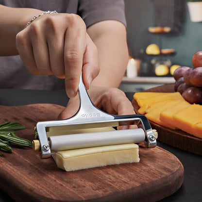 Sopito Stainless Steel Wire Cheese Slicer with 3 Extra Wires Adjustable Thickness, Handheld Cheese Block Cutter for Cheddar, Gruyere, Raclette, Mozzarella - color: Silver