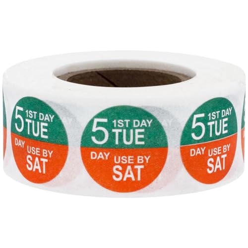 Dissolvable Tuesday Through Saturday 5 Day Food Rotation Labels, 3/4 Inch Use By Stickers, 500 Total Adhesive Labels on a Roll for Restaurant and Kitchen Prep – Made in the USA - color: Tuesday