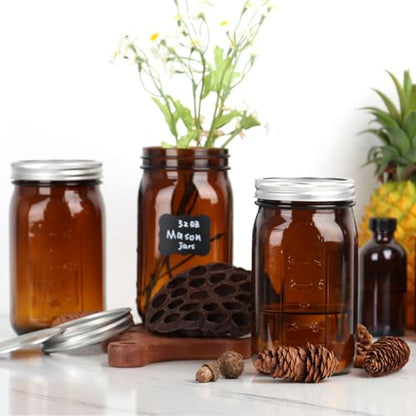 32 oz Amber Glass Mason Jars 6 Pack, Wide Mouth Airtight Lids with Bands | Amber glass, canning/preserving/jam/sauces/pickle fermenting, beverages/DIY projects, reusable, quart size, wide mouth design