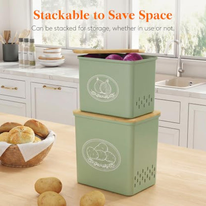 Lifewit Onion and Potato Storage Bin with Aerating Holes and Lid, Stackable Garlic Keeper, Plastic Vegetable Container Box for Kitchen, Green, Set of 2 - color: Green