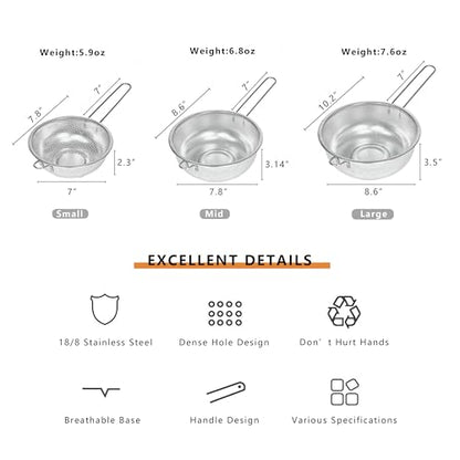 Metal Fine Mesh Strainer and Colander for Kitchen with Handle, Stainless Steel Pasta Strainer/Kitchen Funnel/Collander/Sifter for Strain/Wash Vegetables, Fruits, Spaghetti, Rice (7.8＂) - size: 7.8＂