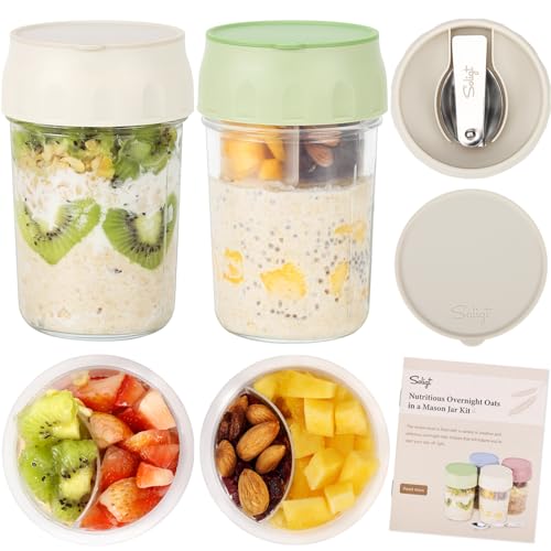 SOLIGT 2 Pack Overnight Oats Containers with Lids, Folding Spoons, and Divided Compartments for Fruit & Nuts, Small Glass 16oz Mason Jars for Oatmeal Yogurt Parfait (2 Set-Oat White/Organic Green) - color: 2 Set-Oat White/Organic Green