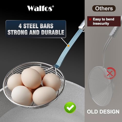 Walfos 7 inch Extra Large Spider Strainer - Stainless Steel Fryer Scoop & 4 in Skimmer Spoon, Set of 2 - Kitchen Spider Skimmer Strainer With Handle, For Cooking, Frying, Pasta, Egg, Foam - size: 2 pcs (7" Strainer , 4" Skimmer)