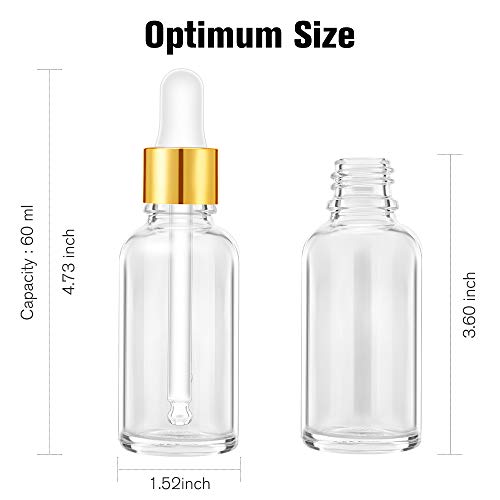 PrettyCare 2 oz Dropper Bottles, 4 Pack Clear Glass Bottles 60ml with Golden Caps, 12 Labels, Funnel & Measured Pipettes-Empty Tincture for Essential Oils & Skincare - color: 2oz Clear, style: 4 Pack