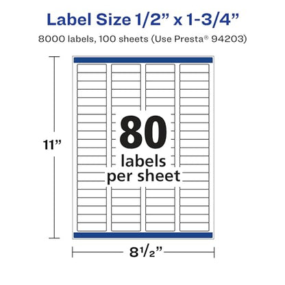 Avery Printable Durable White Rectangle Labels, Sure Feed Technology, 0.5" x 1.75", Waterproof Labels, Laser & Pigment-Based Inkjet Compatible, 8000 Total - style: 8,000 labels