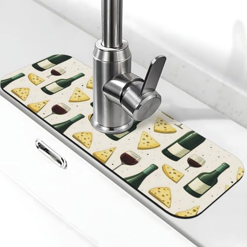 Red Wine Cheese Print Faucet Mat for Kitchen Sink, Faucets Mat Splash Guard Absorbent Fast Drying, Kitchen Sink Mats for Around Faucet Draining