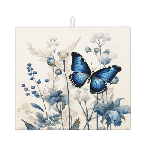 Dish Drying Mat Butterfly Blue Flower Boho for Kitchen Counter Absorbent 16x18 Inch Microfiber Dishes Plate Glass Dry Draining Pad Reversible Washable - color: C05, size: 16" x 18"