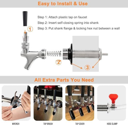 3'' Draft Beer Faucet Shank, 1/4'' Beer Line Barb Brewing No Leak No Drip No Stick Stainless Core Kegerator Tap Beer Shank Dispenser Self-Closing Spring Tap Brush Spanner Wrench Hose Clamp - size: 3"