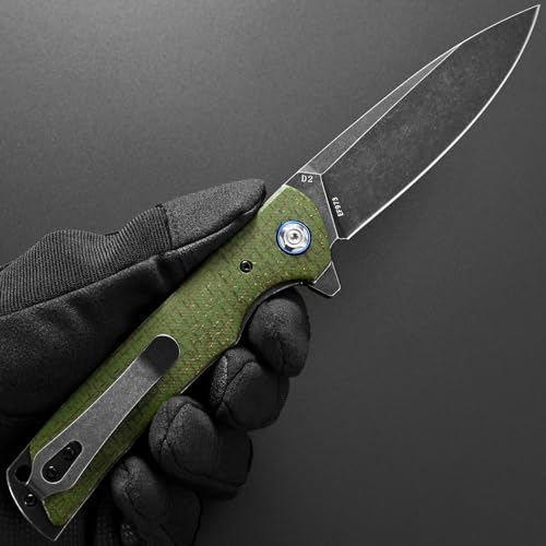 Eafengrow EF973 Folding Knife, D2 Steel Blade Micarta Handle Scale Pocket Knife Folder for Working Camping Hiking EDC Tool Knife（army green - color: green