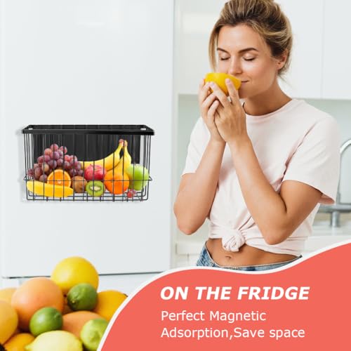 Magnetic Basket Organizers, Dryer Ball Holder Laundry Room Organization Whiteboard Metal Wire Basket with Hooks, Space-Saving Fridge Spice Rack for Sponge Recipe Wrap