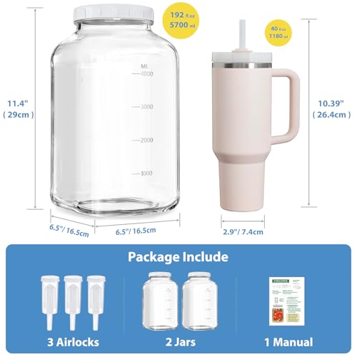 Glass Fermentation Jar Large Pickle Jar Kimchi Containers for Kumbucha Mead | 1.5 Gal, 4.3" Wide Mouth, 2pc, Airtight Lid & 3 Airlocks, ML/OZ Scale Line, Food Grade, BPA Free, Dishwasher Safe, 5700 ML