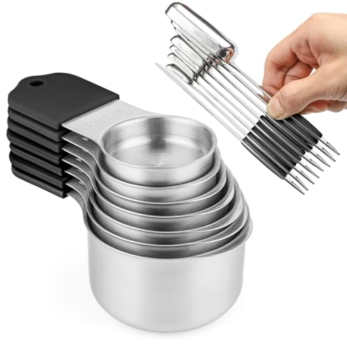 Magnetic Measuring Cups and Spoons Set, 7 Stainless Steel Measuring Cups and 7 Rectangular Metal Teaspoon with 1 Leveler for Cooking & Baking (Black) - color: Black
