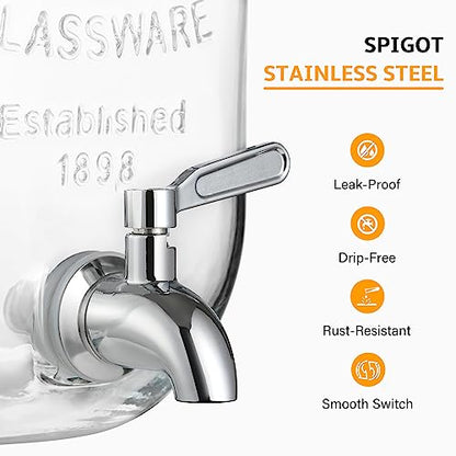 2 Gallon Glass Beverage Dispenser with Stand and Lid, 18/8 Stainless Steel Spigot - Glass Drink Dispensers for Parties - Mason Jar Drink Dispensers with Lids - size: 2 Gallon With Stand