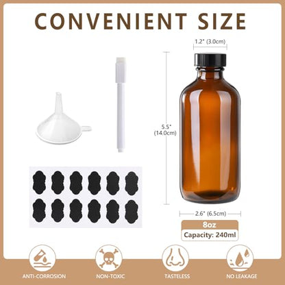 12 Pack 8 oz Amber Glass Boston Bottle With Black Poly Cap, Funnel, Chalk Labels, Pen, Dispensing Bottles for Homemade Vanilla Extract, Essential Oils, Herbal Medicine, Wedding Christmas Decor - size: 8oz 12Pack