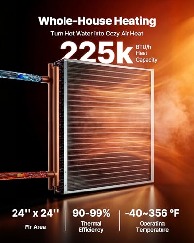 VEVOR Water to Air Heat Exchanger, 24 x 24 in Finned Tube HVAC Heat Exchanger Coil with Copper Tubes & Aluminum Fins, 225K BTU Output for Outdoor Wood Furnace, Hydronic Heating & Cooling Systems