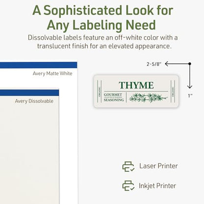 Avery Dissolvable Rectangle Labels, Sure Feed Technology, 1" x 2-5/8", Matte White, Laser/Inkjet Printable, 150 Labels Total, Freezer-Safe, Microwave-Safe, Refrigerator-Safe - style: 150 labels