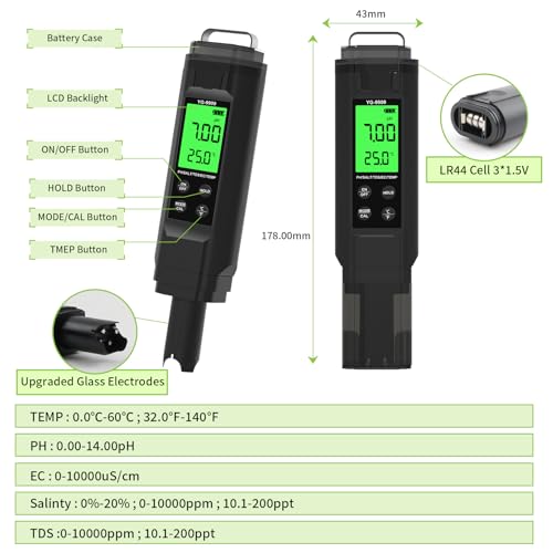 PH Meter,5 in 1TDS Meter,Salinity Tester,EC Meter,Temp,pH Meter for Water,TDS Meter Digital Water Tester,EC Meter Hydroponics,pH Tester Digital PPM Meter,Pool Salt Tester. - size: NEW 5 in 1