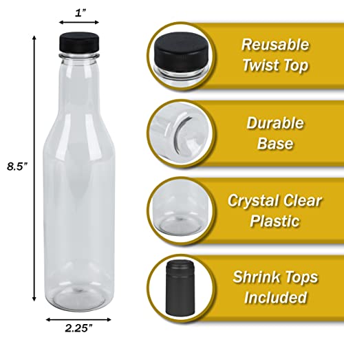 Pellah PET Plastic Bottles and caps,12 Oz 375 ml, With Screw Closures Lids And Black Heat Shrink Seals, For Hot Sauce Wine Alcohol Juice - color: Black Shrinks