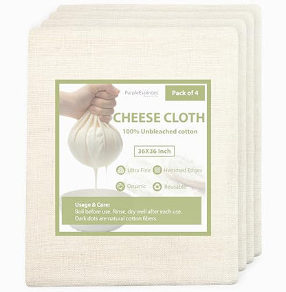 PurpleEssences Cheese Cloths for Straining 36x36 Inch - Reusable Unbleached Cotton Cheesecloth with Hemmed Edge for Cooking, Yogurt, Nut Milk, Broth & Crafts - Natural, Set of 4
