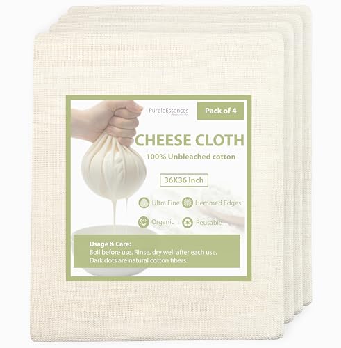 PurpleEssences Cheese Cloths for Straining 36x36 Inch - Reusable Unbleached Cotton Cheesecloth with Hemmed Edge for Cooking, Yogurt, Nut Milk, Broth & Crafts - Natural, Set of 4