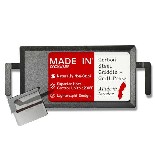 Made In Cookware - Carbon Steel Griddle + Grill Press - Professional Cookware - Crafted in Sweden - Induction Compatible