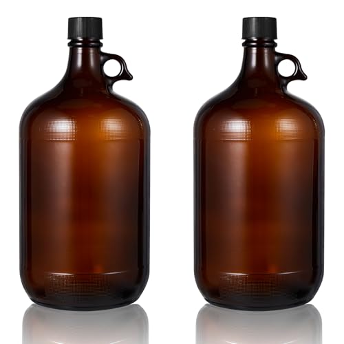 Maxdot 2 Pack 1 Gallon Glass Fermentation Jug with Airtight Lid, 128 oz Amber Glass Carboy with Handle for Kombucha, Beer Brewing, Wine Making, UV Protection - size: 1 Gallon