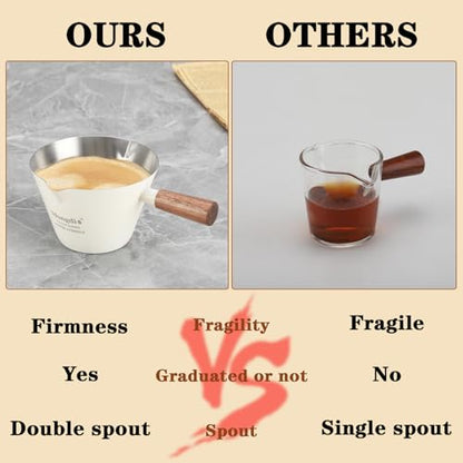 Mongdio Espresso Measuring Cup, Stainless Steel Espresso Shot Cups with Wooden Handle and Double Spouts, 6.8OZ/200ML, White - color: White, size: 6.8oz