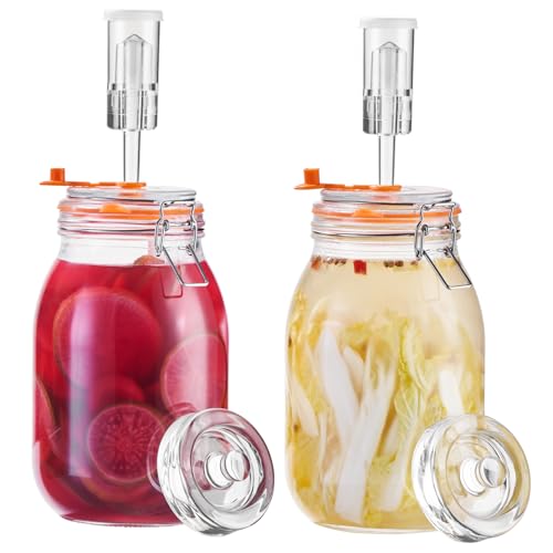 JILLMO 1.8 Liters Fermentation Jar, Glass Fermenting Kit with Weight for Making Sauerkraut, Hot Sauce, Mead, Cider and More, Pack of 2