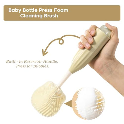 Baby Bottle Brush Set, Silicone Bottle Brush Cleaner with Nipple & Straw Brushes, Push-Press Bubble and Drying Rack for Bottle Cleaning,BPA-Free,Bottle Washer Brush for Breast Pump - color: Beige