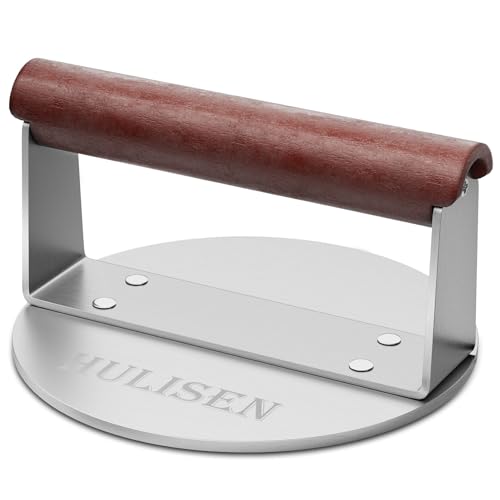 HULISEN Burger Smasher, Stainless Steel Smashed Burger Press, 6 Inch Hamburger Press for Griddle, Heavy-Duty Grill Press with Wood Handle, BBQ Accessories Tool, Weights 1.24 lb, Gift Wrapping - size: 6 Inch Round Press