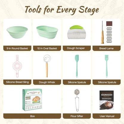 Sourdough Starter Kit, 9PCS Sourdough Breads Baking Supplies, Silicone Banneton Bread Proofing Basket Set with 9" Round & 10" Val, Bread Sling, Whisk, Bread Lame, Sour Dough Baking Tools