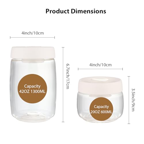 Micro-Vacuum Glass Storage Containers with Built-in Pump(42OZ/20OZ), Airtight Food Storage Container Kitchen Pantry Storage Jar, best for Coffee Beans, Cereal, Fruit, Nuts, Snacks, Candy