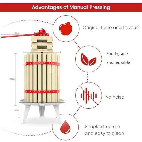 4.75 Gallon Fruit and Wine Press, Manual Cider Juice Maker with Solid Beech Wood Basket & Heavy-Duty Stand for Apples, Grapes, Berries - color: Red, size: 4.75 Gallon