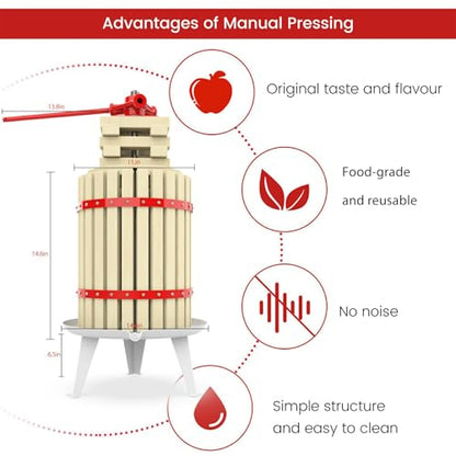 4.75 Gallon Fruit and Wine Press, Manual Cider Juice Maker with Solid Beech Wood Basket & Heavy-Duty Stand for Apples, Grapes, Berries - color: Red, size: 4.75 Gallon