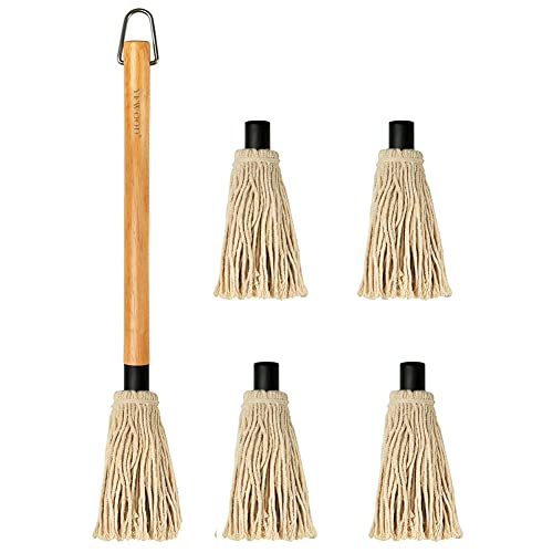 YFWOOD 18 Inch BBQ Mop Sauce Brushes Basting Brush Evenly Sauce Mop | Grill Basting Mop Wooden Long Handle BBQ Mop with 4 Extra Replacement Heads for BBQ Grilling Smoking Steak - color: BBQ Mop Brush
