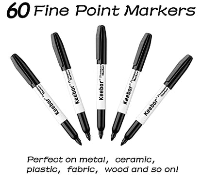 Keebor Permanent Markers Bulk, 60 Pack Black Permanent Markers, Quick Drying & Fade Resistant, Fine Point Marker Set for Wood, Plastic, Paper, Metal - size: 1 Count (Pack of 60)