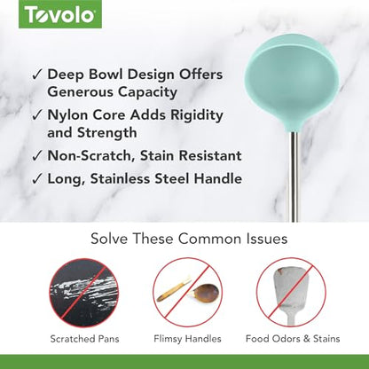Tovolo Silicone Ladle With Stainless Steel Handle Deep Soup Ladle for Cooking Canning Serving Soup Punch Stew Sauce, Large Kitchen Utensil Spoon Dishwasher Safe BPA Free Silicone Aqua Seafoam Green - color: Light Aqua