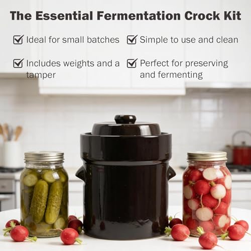 Seeutek Fermentation Crock Jar 1/2 Gallon - Sauerkraut Crock with Lid, Weights & Pounder, Stoneware Pickle Pot for Pickling Kimchi, Pickles, Vegetables, Kombucha, 2 Liter Ceramic Fermenting Crock Kit - size: 2L