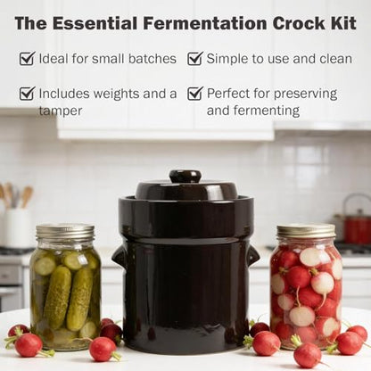 Seeutek Fermentation Crock Jar 1/2 Gallon - Sauerkraut Crock with Lid, Weights & Pounder, Stoneware Pickle Pot for Pickling Kimchi, Pickles, Vegetables, Kombucha, 2 Liter Ceramic Fermenting Crock Kit - size: 2L