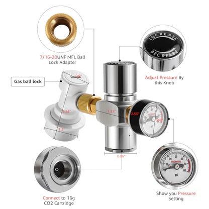 Hold Stable Pressure 0-60 PSI Mini Keg Regulator, No Leaking Portable Cornelius Corny Beer Growler Outdoor Picnic Party Carbonation CO2 Gas Ball Lock Disconnect Mini keg Charger Regulator