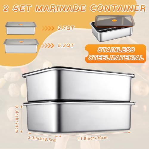 Reallnaive 2 Pcs Stainless Steel Marinade Containers with Lid, 5.6 Qt Metal Meat Brining Containers, Brining Prepstorage Box Dishwasher Safe Bpa Free for BBQ Tailgates Storage - size: 5.6 Qt