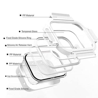 GENICOOK Glass Food Storage Meal Prep Containers - Food Grade Silicone Wrap & Air Release Vent, Rectangular shape - 8 Pc Set (4 Containers - 4 Matching Lids) - color: White silicone