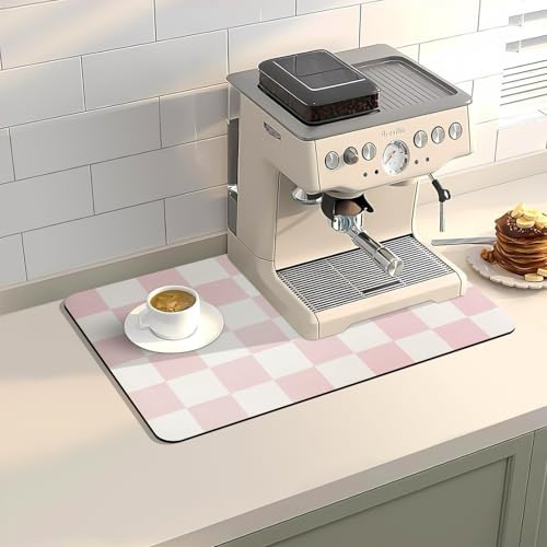 Dish Drying Mat for Kitchen Counter,12"x 19" Super Absorbent Kitchen Dish Drying Pad, Heat Resistant Drainer Mats with Non-slip Rubber Backed, Pink Checkered Coffee Bar Station Accessories - color: Pink Checkered, size: 19" x 12"